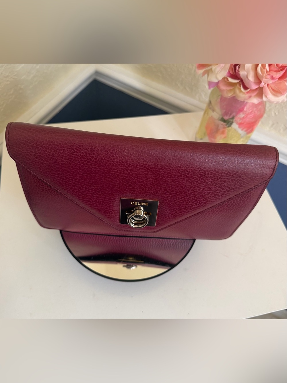 Celine Wine Red Pebbled Leather Envelope Clutch Purse Gold Hardware - Picture 11 of 17